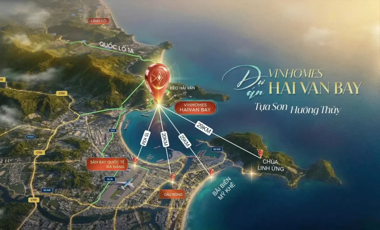 Bản đồ kết nối vùng dự án Vinhomes Làng Vân Hải Vân Bay dễ dàng di chuyển đến sân bay quốc tế Đà Nẵng, cầu Rồng, bãi biển Mỹ Khê và các điểm du lịch nổi bật của thành phố